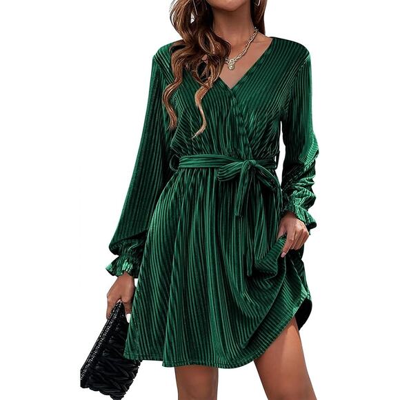 NEW Emerald Green Velvet Velour Dress Long Sleeve V Neck Dress - Picture 3 of 11
